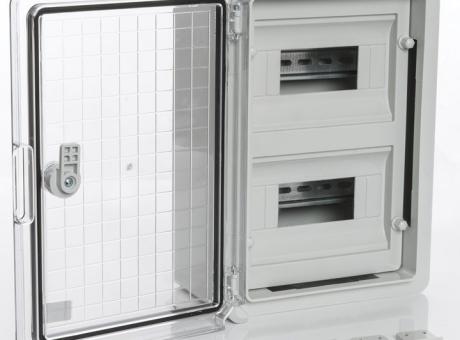 Модульный пластиковый шкаф Plastim PP3112 (250х350х150) на 18 модулей (9х2) с прозрачной дверцей