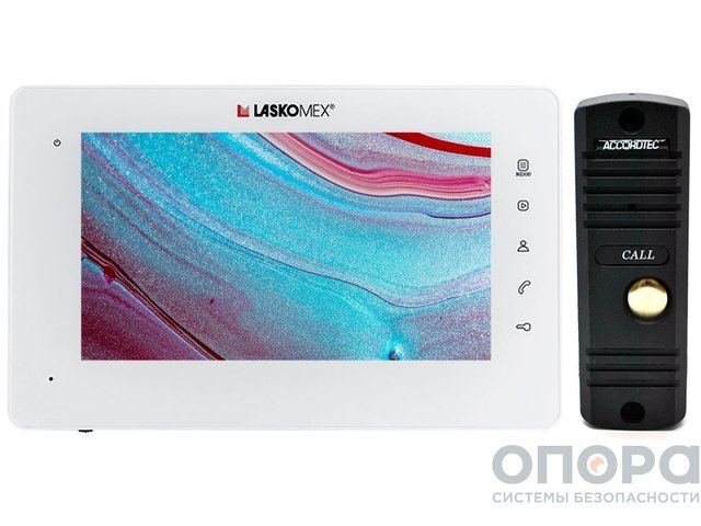 Комплект видеодомофона со встроенным блоком сопряжения и вызывной панели LaskomexPRO E-1260 (Pl Wt Wt) / AT-VD305N BL
