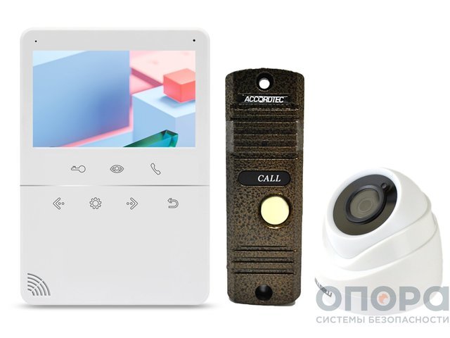 Комплект видеодомофона, вызывной панели и купольной видеокамеры AccordTec AT-VD432C WH / AT-VD305N BL / MR-HDNP2W